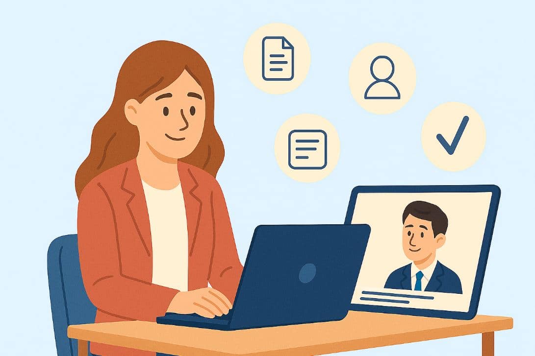 meinkarrierestart.at Illustration einer Frau, die einen Laptop benutzt, mit einem Mann auf dem Bildschirm und Symbolen für ein Dokument, einen Benutzer, eine Notiz und ein Häkchen im Hintergrund.