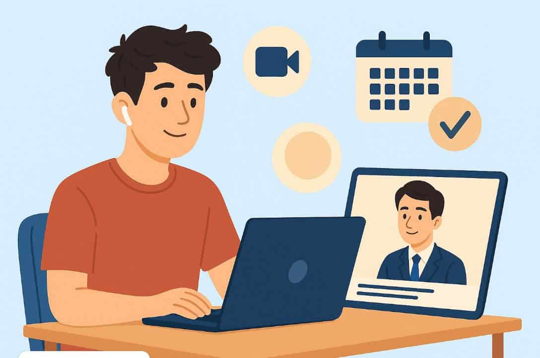 meinkarrierestart.at Illustration einer Person, die einen Laptop für einen Videoanruf verwendet, mit Kalender- und Videosymbolen im Hintergrund und einer weiteren Person, die auf dem Laptop-Bildschirm zu sehen ist.