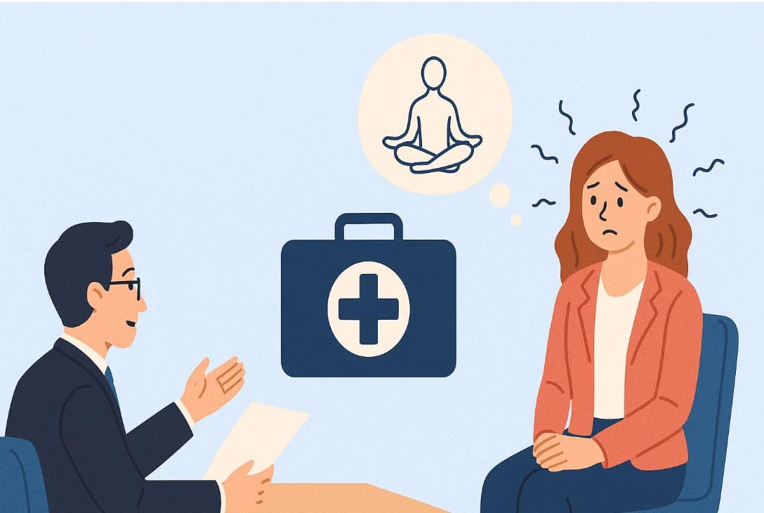 meinkarrierestart.at Ein Arzt spricht mit einer besorgten Frau, die ihm Meditation zum Stressabbau vorschlägt. Zwischen den beiden befindet sich ein Medizinkoffer und ein Meditationssymbol.