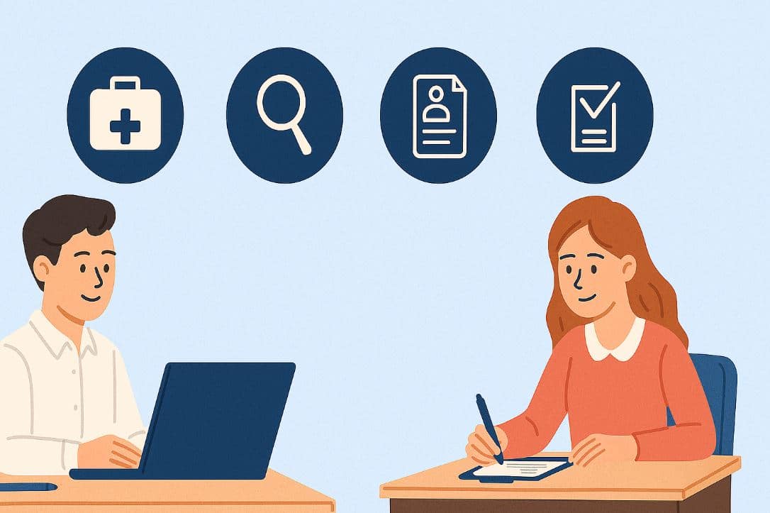 meinkarrierestart.at Ein Mann benutzt einen Laptop, während eine Frau an einem Schreibtisch ein Formular ausfüllt, um Bewerbungstipps zu erhalten. Die vier Icons oben zeigen einen Verbandskasten, eine Lupe, ein Dokument und eine Checkliste.