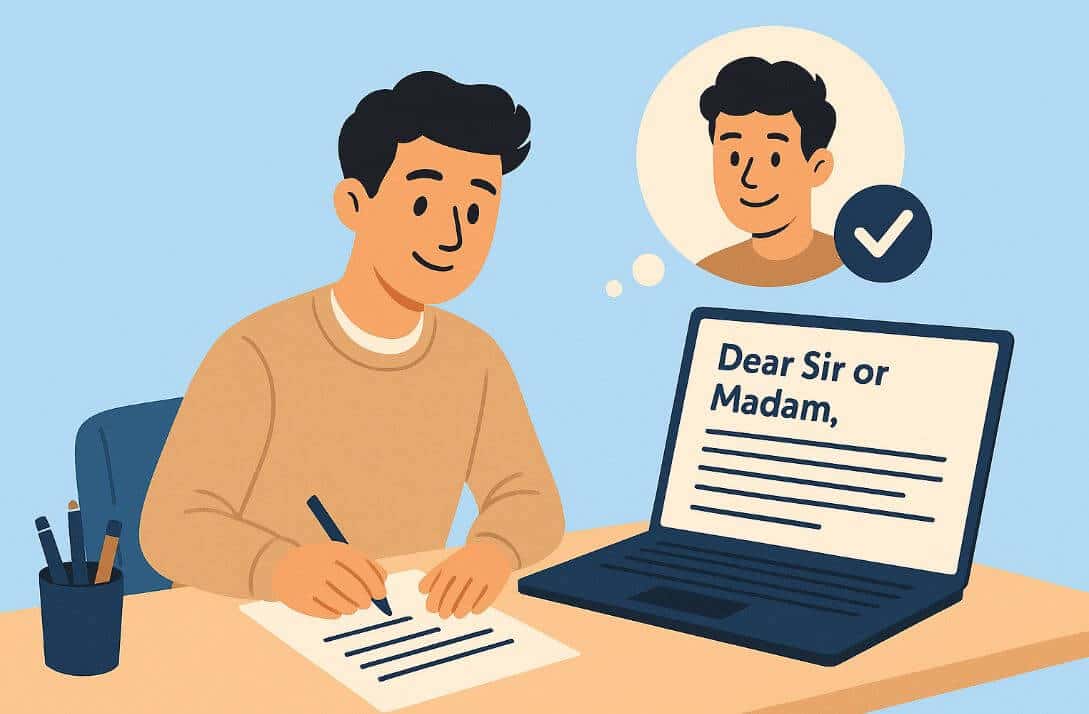 meinkarrierestart.at Illustration einer Person, die an einem Schreibtisch ein Bewerbungsschreiben schreibt, mit einem Laptop, auf dem "Sehr geehrte Damen und Herren" steht, und einer Gedankenblase, die ihr Porträt mit einem Häkchen zeigt.
