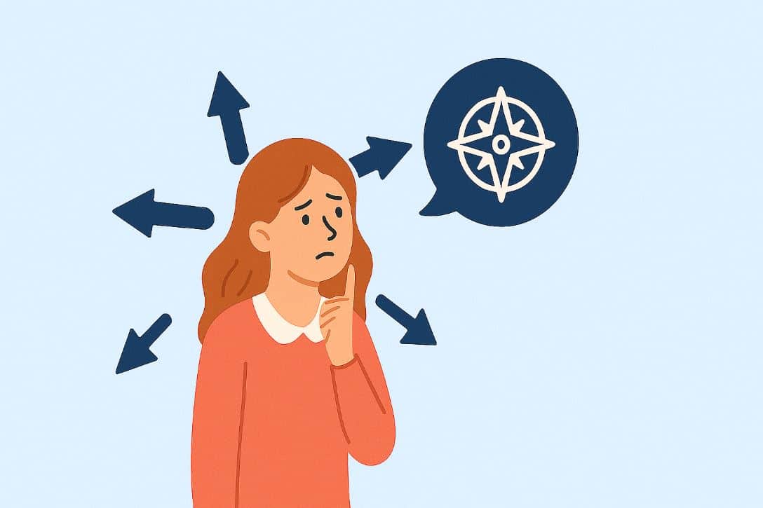 meinkarrierestart.at Illustration einer nachdenklichen Frau, die von Pfeilen umgeben ist, die in verschiedene Richtungen zeigen, mit einer Sprechblase, die einen Kompass zeigt und die Unsicherheit oder Entscheidungsfindung in ihrem Beruf symbolisiert.