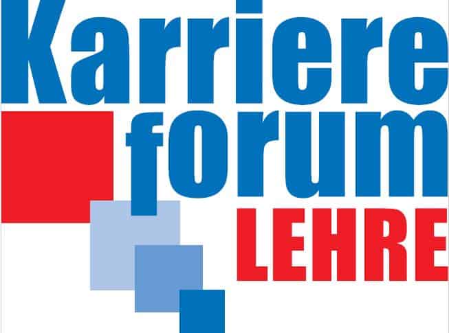 Meinkarrierestart.at Logo mit großem blauem Text „Karriereforum“ und fettem rotem Text „LEHRE“ neben vier überlappenden Quadraten in Rot und Blau.