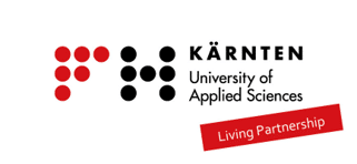 Meinkarrierestart.at Logo der FH Kärnten mit dem Slogan „Gelebte Partnerschaft“ auf rotem Banner. Rote und schwarze Punkte bilden links ein grafisches Element.