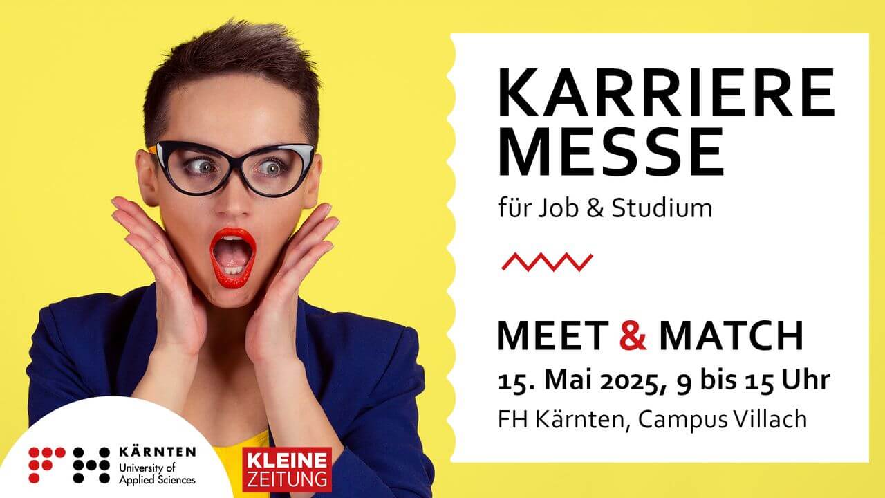 Meinkarrierestart.at Eine überraschte Frau mit kurzen Haaren und Brille posiert vor gelbem Hintergrund. Der Text wirbt für eine Karrieremesse am 15. Mai 2025 an der FH Kärnten, Campus Villach.