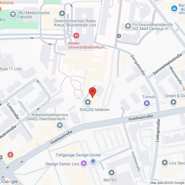 meinkarrierestart.at Eine Karte, die den Standort von DIALOG Telekom in der Nähe der Goethestraße in Linz, Österreich, zeigt, mit Beschriftung der nahegelegenen Sehenswürdigkeiten und Straßen.