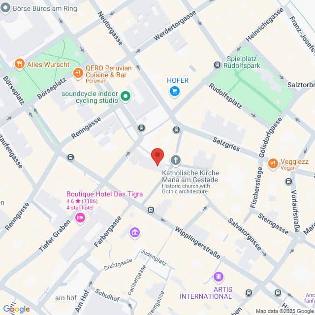 meinkarrierestart.at Eine Karte mit Straßen und Sehenswürdigkeiten in Wien, Österreich, mit einer roten Standortmarkierung in der Nähe der Katholischen Kirche Maria am Gestade und nahegelegenen Hotels, Restaurants und Geschäften.
