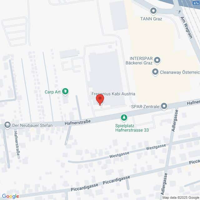 meinkarrierestart.at Karte mit dem Standort von Fresenius Kabi Austria in der Hafnerstraße, in der Nähe der SPAR-Zentrale und des INTERSPAR in Graz, Österreich. Zu den umliegenden Straßen gehören die Piccardgasse und die Aldegrevergasse.