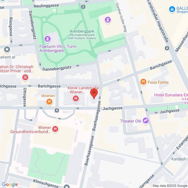 meinkarrierestart.at Eine Karte, die das Gebiet um die Klinik Landstraße in Wien, Österreich, zeigt, mit eingezeichneten Straßen, Geschäften und Sehenswürdigkeiten in der Nähe.