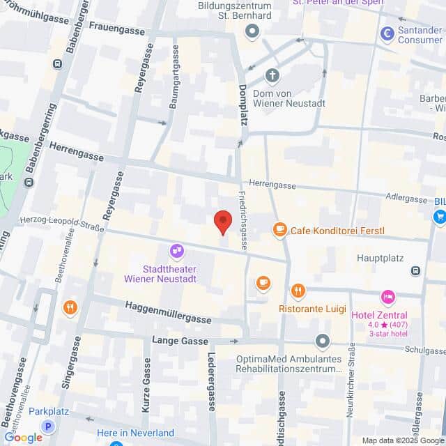 meinkarrierestart.at Karte, die einen zentralen Bereich von Wiener Neustadt, Österreich, zeigt, mit Straßen, Sehenswürdigkeiten und mehreren Restaurants und Hotels in der Nähe des Hauptplatzes.