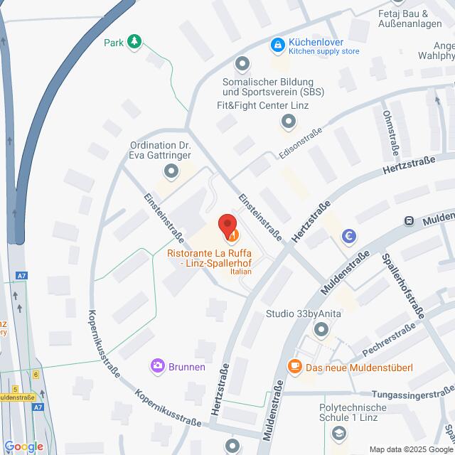 meinkarrierestart.at Eine Karte mit der Lage des „Ristorante La Ruffa – Linz-Spallerhof“ nahe der Kreuzung Ehrenfellnerstraße und Kopernikusstraße in Linz, Österreich.