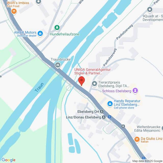 meinkarrierestart.at Eine Karte, die das Gebiet um Ebelsberg Ort in Linz, Österreich, zeigt und auf der Unternehmen, Straßen, der Fluss Traun und nahe gelegene Sehenswürdigkeiten hervorgehoben sind.