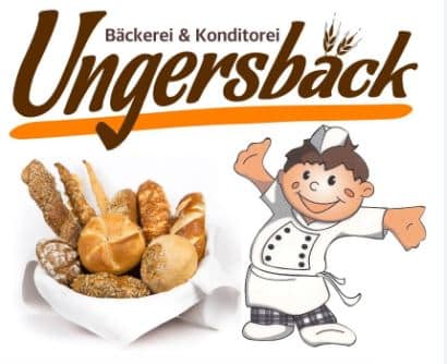 meinkarrierestart.at Logo für die Bäckerei Ungersbäck mit einem Korb mit verschiedenen Brötchen und einem Cartoon-Bäcker, der einen Daumen hoch zeigt.