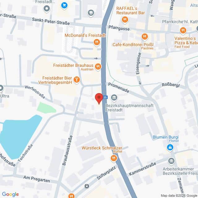 meinkarrierestart.at Kartenansicht eines zentralen Bereichs in Freistadt, Österreich, mit Hervorhebung von Straßen, Geschäften, Restaurants und bemerkenswerten Orten in der Nähe eines Kanals.