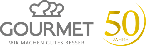 meinkarrierestart.at GOURMET-Logo mit drei Kochmützen, dem Text „Wir machen Gutes besser“ und einem goldenen „50 Jahre“ zum 50-jährigen Jubiläum.