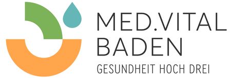 meinkarrierestart.at Logo von Med.Vital Baden mit geometrischen Formen in Grün, Orange und Blau auf der linken Seite und dem Text 
