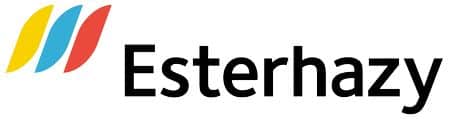 meinkarrierestart.at Das Esterhazy-Logo zeigt drei diagonale Streifen in Gelb, Blau und Rot neben dem Wort „Esterhazy“ in fettem schwarzen Text.