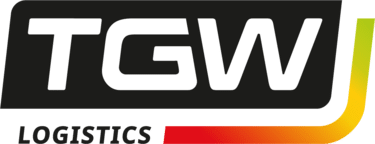 meinkarrierestart.at TGW Logistics-Logo mit fetten weißen Buchstaben auf schwarzem Hintergrund und einer geschwungenen Farbverlaufslinie in Gelb, Orange und Rot in der unteren rechten Ecke.