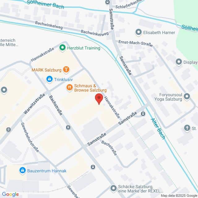 meinkarrierestart.at Eine Karte, die das Gebiet um die Hamikstraße in Salzburg, Österreich, zeigt, mit Beschriftungen der umliegenden Geschäfte und Straßen.