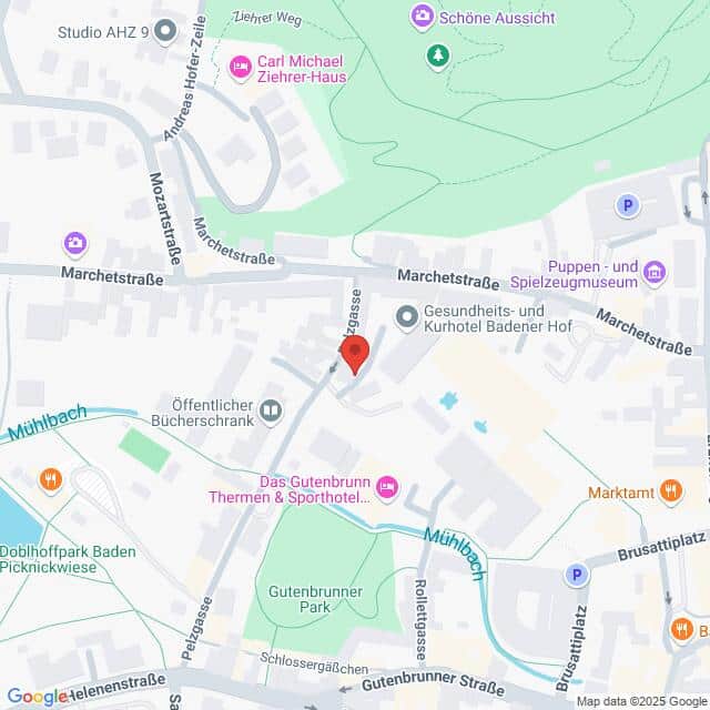 meinkarrierestart.at Eine digitale Karte, die einen Standort in der Badener Straße in Baden, Österreich, hervorhebt, mit Beschriftung der umliegenden Straßen, Sehenswürdigkeiten und Geschäfte.