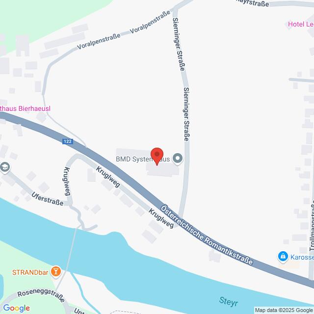 meinkarrierestart.at Karte mit dem Standort des BMD Systemhauses in Steyr, Österreich, in der Nähe des Flusses Steyr und der Kreuzung Kruglweg und Österreichische Romantikstraße.