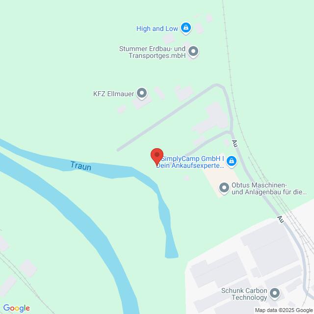 meinkarrierestart.at Eine Karte, die den Standort der SimplyCamp GmbH in der Nähe des Flusses Traun zeigt, umgeben von verschiedenen Unternehmen und Grünflächen in Österreich.
