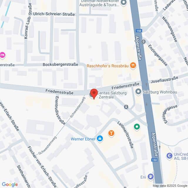 meinkarrierestart.at Eine Karte der Kreuzung Friedensstraße und Schwimmschulstraße in Salzburg, Österreich, mit einer Markierung in der Nähe der Caritas Salzburg Zentrale.