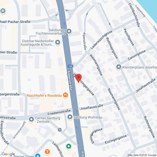 meinkarrierestart.at Eine Karte, die einen Teil von Salzburg, Österreich, mit der Alpenstraße im Mittelpunkt zeigt, mit eingezeichneten Straßen und Sehenswürdigkeiten in der Nähe, darunter Rossbräu und Caritas Salzburg Zentrale.