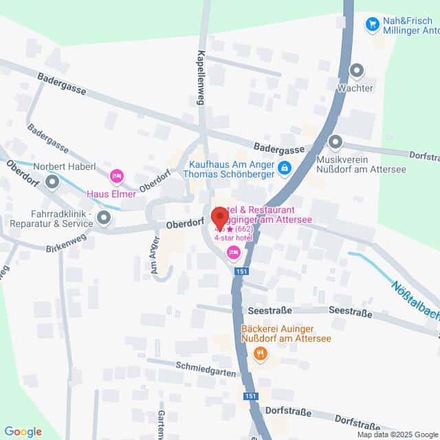 meinkarrierestart.at Karte mit der Lage des Hotel & Restaurant Aueringer am Attersee und nahegelegener Unternehmen in Nußdorf am Attersee, Österreich. Nahegelegene Straßen und Sehenswürdigkeiten sind gekennzeichnet.