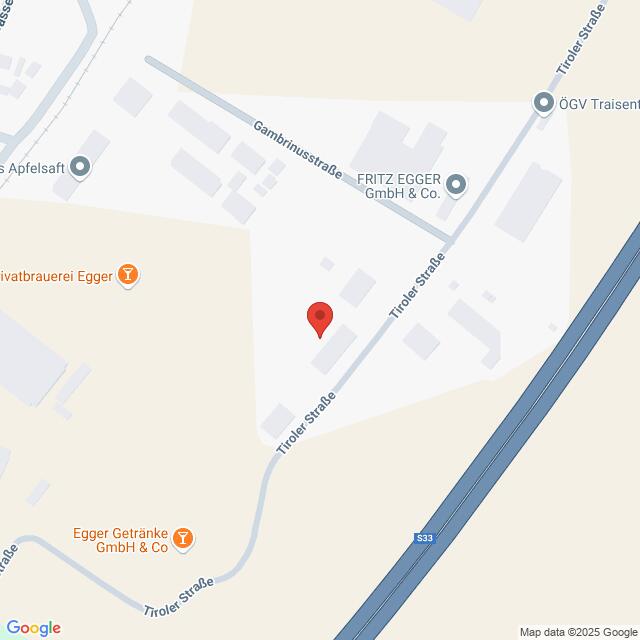 meinkarrierestart.at Eine Kartenansicht der Tiroler Straße in der Nähe der S33 mit Markierungen für Unternehmen, darunter Egger Getränke GmbH und FRITZ EGGER GmbH & Co.