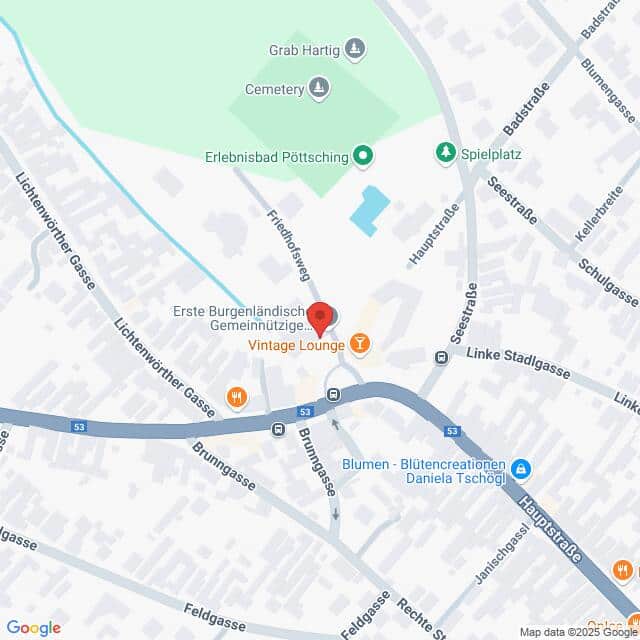 meinkarrierestart.at Eine Karte, die die Lage der Vintage Lounge in der Nähe der Brunngasse und der Lichtenwörther Gasse zeigt, mit nahe gelegenen Sehenswürdigkeiten wie einem Friedhof und einem Spielplatz.