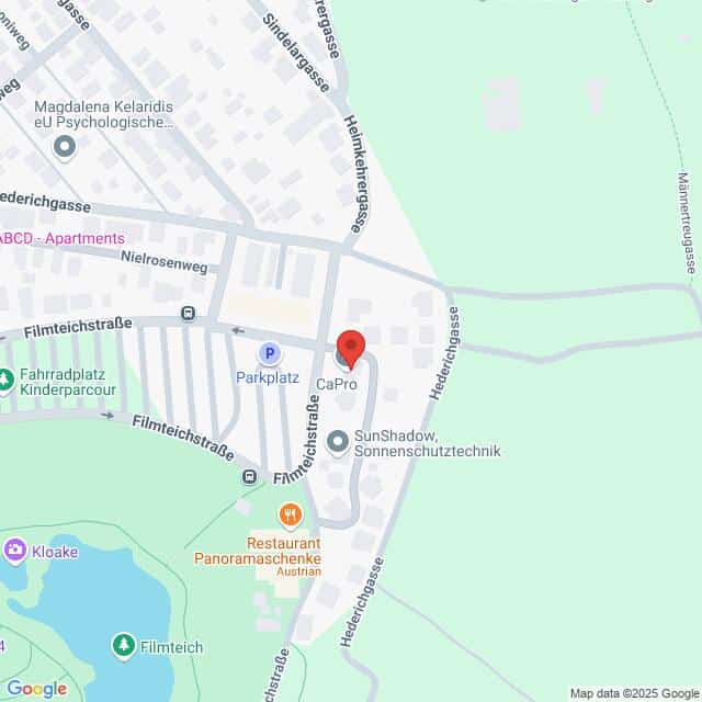 meinkarrierestart.at Eine Kartenansicht mit Straßen, Geschäften und Sehenswürdigkeiten in der Nähe der Filmteichstraße und der Hechtergasse in Wien, Österreich. Eine rote Stecknadel markiert das CaPro-Gebäude.