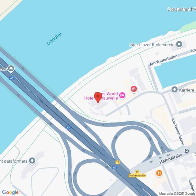 meinkarrierestart.at Die Karte zeigt die Lage des Hotels Ibis Linz City in der Nähe der Donau und der Hauptverkehrsstraßen, einschließlich der A7, in Linz, Österreich.