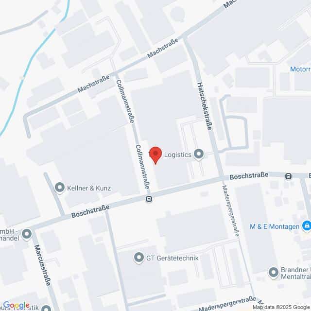 meinkarrierestart.at Eine Karte zeigt die Kreuzung Collmannstraße/Boschstraße in einem Industriegebiet. Eine Stecknadel markiert einen Logistikstandort. Umliegende Straßen und Geschäfte sind gekennzeichnet.