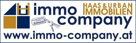 meinkarrierestart.at Immo Company-Logo mit Hausgrafik, Firmenname, Slogan, Schlüsselillustration und Website-URL: www.immo-company.at.