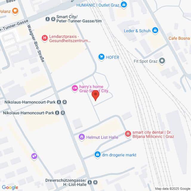 meinkarrierestart.at Karte mit der Lage von "harry's home Graz" in der Nähe des Nikolaus-Harnoncourt-Parks, mit Beschriftung der umliegenden Geschäfte und Straßen.