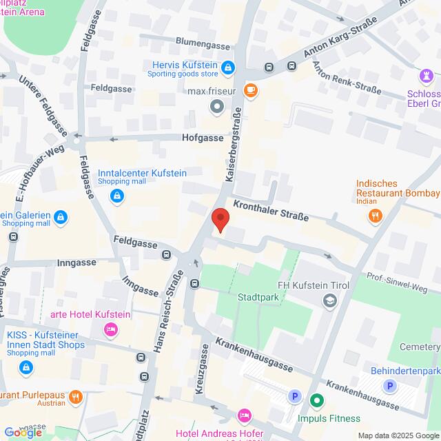 meinkarrierestart.at Karte, die einen Abschnitt von Kufstein, Österreich, zeigt, auf der die Krontaler Straße und die umliegenden Straßen hervorgehoben sind und verschiedene Hotels, Geschäfte und Sehenswürdigkeiten eingezeichnet sind.
