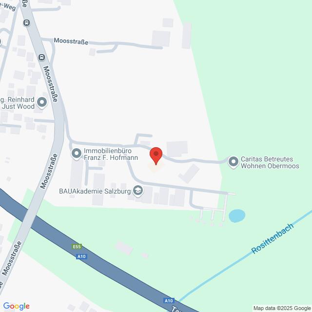 meinkarrierestart.at Karte eines Ausschnitts von Obermoos, Salzburg, Österreich, mit Markierungen für Immobilienbüro Franz F. Hofmann, BAUAkademie Salzburg und Caritas Betreutes Wohnen Obermoos.