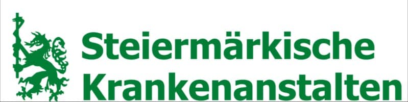 meinkarrierestart.at Logo der Steiermärkischen Krankenanstalten mit einem grünen Löwen, der einen Stab hält, links vom Namen der Institution in grüner Schrift auf weißem Hintergrund.