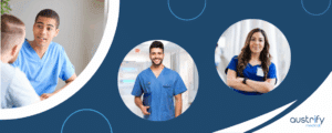 meinkarrierestart.at Drei medizinische Fachkräfte in blauen Kitteln erscheinen in getrennten kreisförmigen Rahmen auf einem blauen Hintergrund mit dem Austrify Medical-Logo in der Ecke.