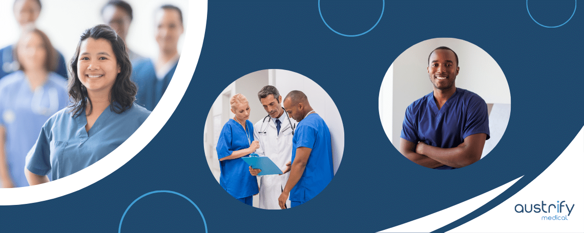 meinkarrierestart.at Eine Gruppe von Fachleuten des Gesundheitswesens in Kitteln und Laborkitteln, einige stehen zusammen, andere posieren einzeln, mit dem Austrify Medical-Logo in der Ecke.