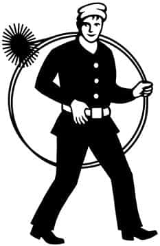 meinkarrierestart.at Schwarz-Weiß-Abbildung eines Schornsteinfegers in Uniform, der eine Schornsteinbürste und eine Stange über der Schulter trägt.
