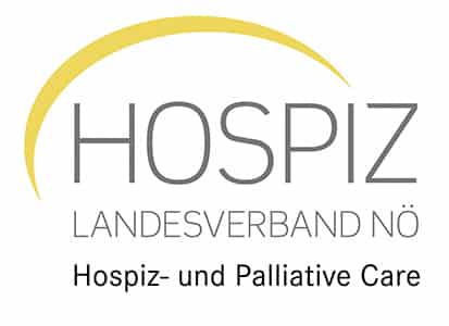 meinkarrierestart.at Logo des Hospiz Landesverbandes NÖ mit einem gelben Bogen über dem Text "Hospiz- und Palliative Care.