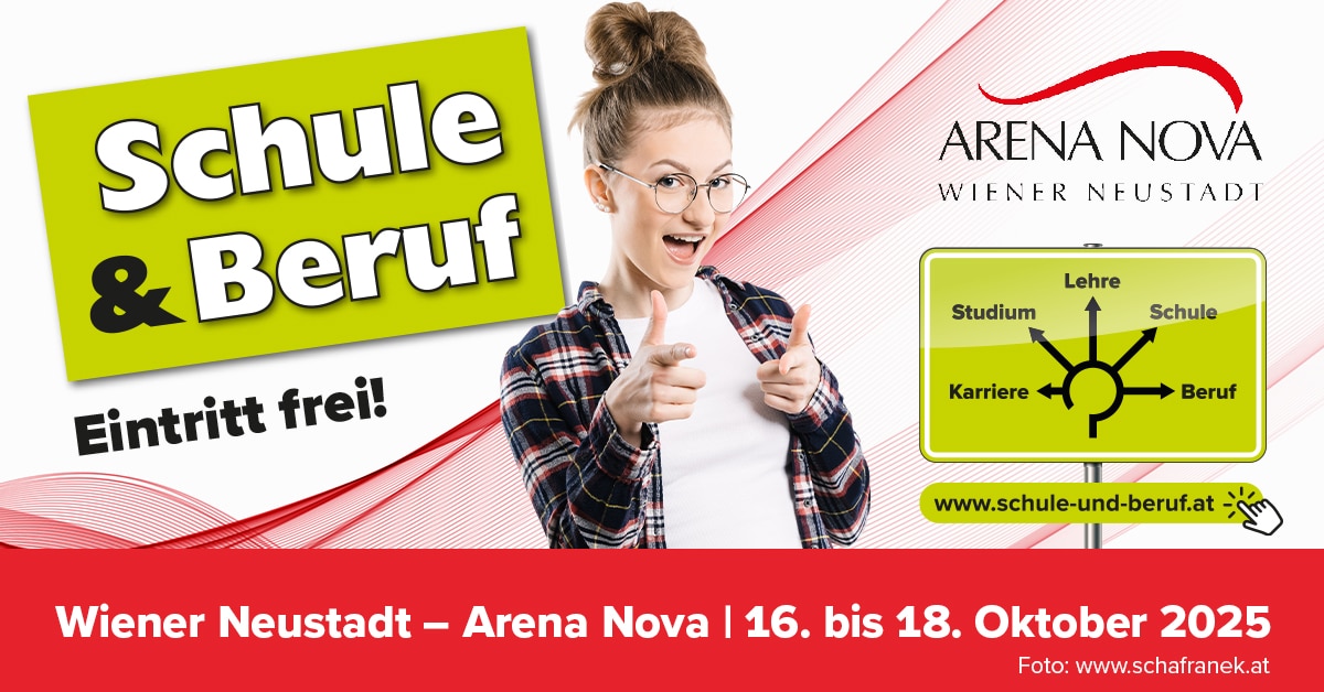 meinkarrierestart.at Jugendliches Mädchen mit Brille zeigt auf ein Straßenschild, das Berufswege aufzeigt. Text wirbt für die Messe "Schule & Beruf" in Wiener Neustadt, Arena Nova, 16. bis 18. Oktober 2025. Eintritt frei.