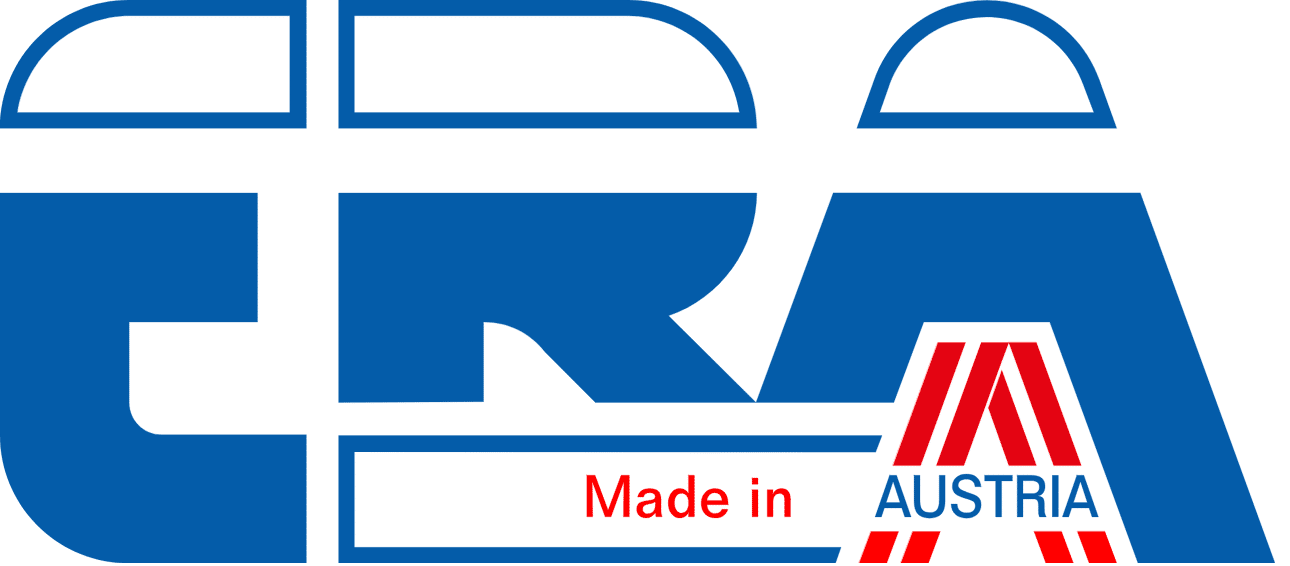 meinkarrierestart.at Blaue stilisierte Buchstaben "CRA" mit dem Schriftzug "Made in AUSTRIA" in Rot und Blau, mit einem roten "A" als Teil des Designs.