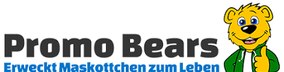 meinkarrierestart.at Promo Bears-Logo mit einem Cartoon-Bären, der eine grüne Jacke trägt und den Daumen nach oben zeigt, neben dem Text "Promo Bears Erweckt Maskottchen zum Leben.