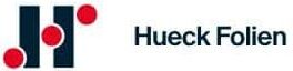 meinkarrierestart.at Logo von Hueck Folien mit drei dunklen vertikalen Balken und drei diagonal angeordneten roten Punkten, links neben dem Firmennamen in schwarzer Schrift.