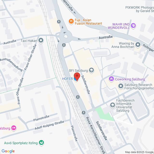 meinkarrierestart.at Karte der Umgebung von HOFER in Salzburg, Österreich, mit Orten in der Nähe wie BFI Salzburg, Coworking Salzburg und Fuji-Asian Fusion Restaurant.