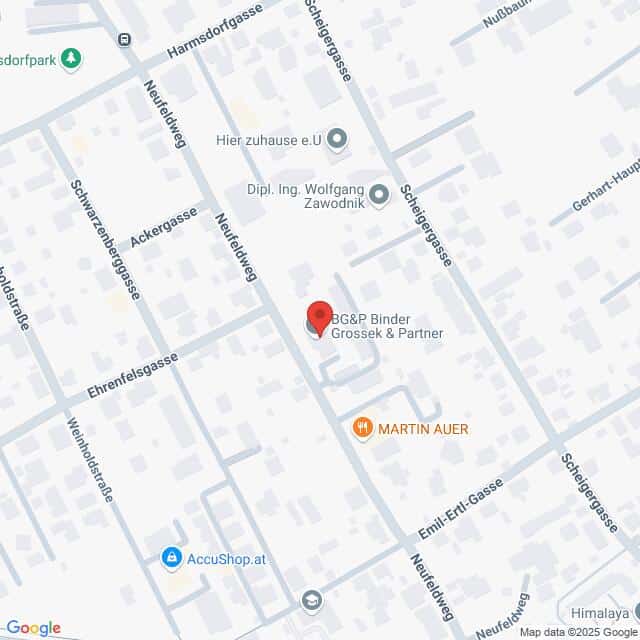 meinkarrierestart.at Eine Karte, die die Lage von BG&P Binder Grossek & Partner am Neufeldweg zeigt, mit Beschriftung der umliegenden Straßen und Geschäfte.