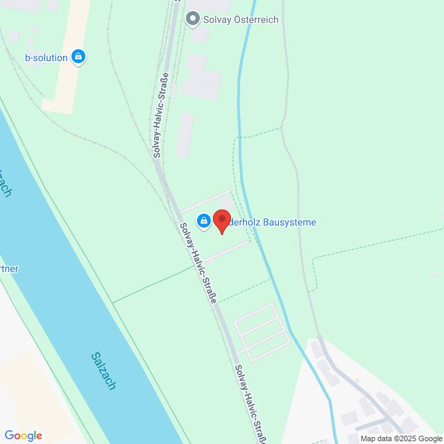 meinkarrierestart.at Karte, die die Lage von Zierholz Bausysteme an der Solvay-Halvic Straße in der Nähe der Salzach zeigt, mit Beschriftung der umliegenden Straßen und Landmarken.